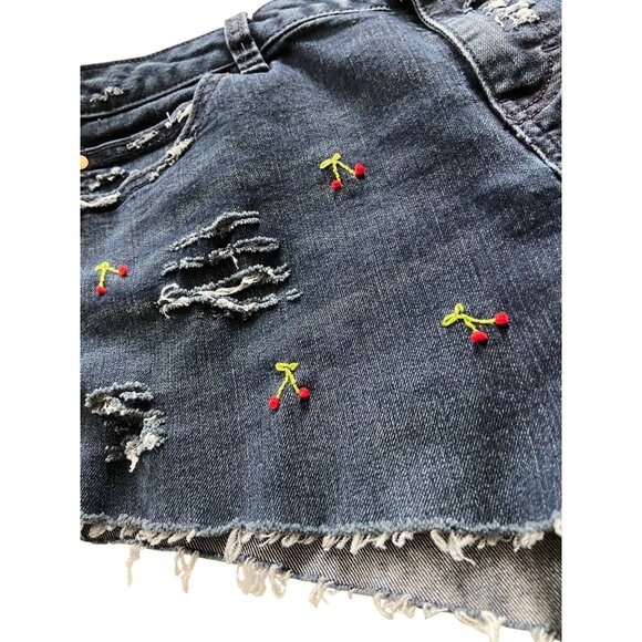 Denim Cherry Embroidered Shorts Blue Size 10 Up-Cycled - Picture 7 of 12